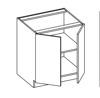 A line drawing of a cabinet with one door open and two shelves inside.